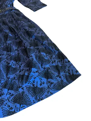 Voodoo Vixen Blue Black Bird Print Belted Fit Flare Midi Dress Medium Women's thumbnail 6