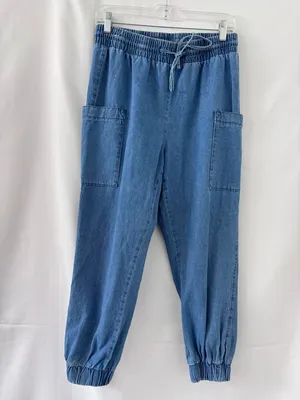 Indigo Rein Denim Joggers Size Large – Blue Elastic Waist Cargo Style thumbnail 2