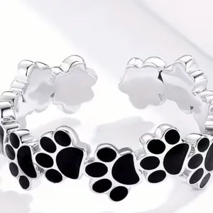 Paw Print Stainless Steel Silver and Black Paw Print Adjustable Ring Size 6-9 thumbnail 2