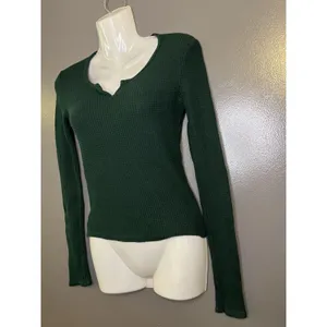 American Eagle Waffle Knit Shirt Womens Small Green Scoop Neck Long Sleeve Top thumbnail 3