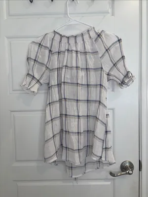 Mine Plaid Puff Sleeve Tie Front Babydoll Blouse M thumbnail 3