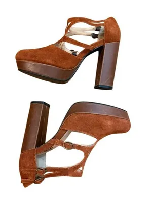 Platform Block Heel Cage T Strap Heeled Pump Sueded Texture US SZ 7 thumbnail 1