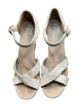 TOMS Shoes Womens Size 9 Beige Linen Strappy Wedge Sandals Cork Heel Ankle Strap thumbnail 1