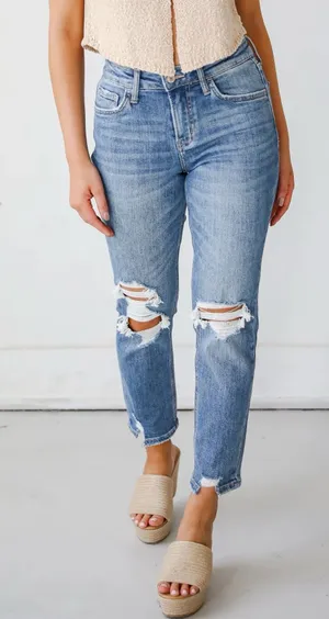 Medium wash distressed jeans thumbnail 1