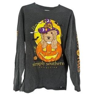 Simply Southern Gray Orange Long Sleeve Tee with Halloween dog hocks pocus M thumbnail 1