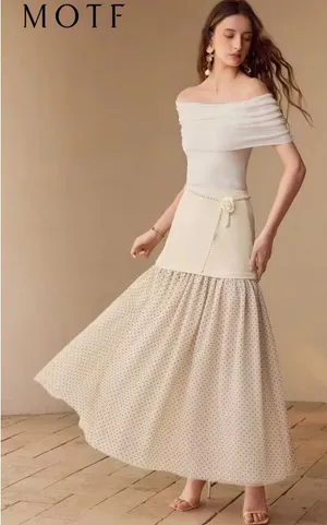 MOTF Naturally Chic Polka Dot Drop Waist Maxi Skirt Cream Beige XS NEW thumbnail 1
