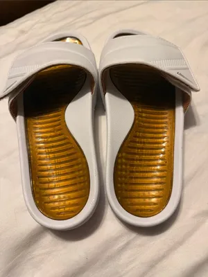 White Slide Sandals with Metallic Gold Insole - Women's thumbnail 2