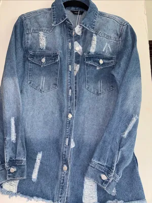 Dokotoo Brand Blue Distressed Denim Button Down Shacket Nwts Size Small thumbnail 1