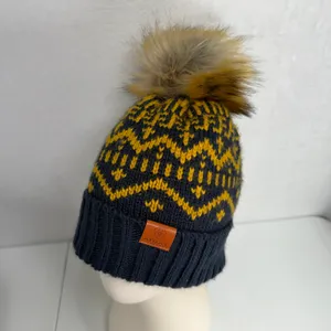 Ariat Beanie Fair Isle Fleece Lined Faux Fur Pom Knit Navy Yellow Warm Outdoor thumbnail 2