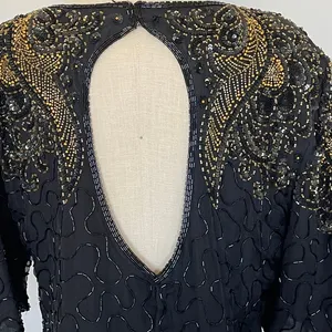 Vintage Black & Gold Silk Beadwork Cocktail Dress Open Back 80s Evening Party thumbnail 7