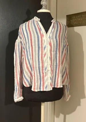 Free People Striped Button-Down 100% Cotton Shirt in White, Red & Blue thumbnail 1