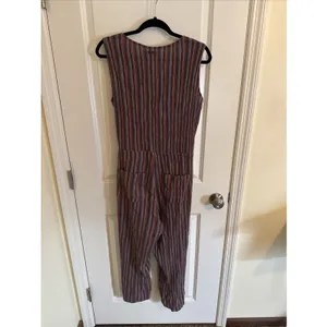 Pact Organic Cotton Cropped Jumpsuit Romper Women's Med Brown Striped Boho Fall thumbnail 3