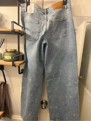 PINK Victoria's Secret Light Blue Wide-Leg Embroidered Heart Jeans thumbnail 5