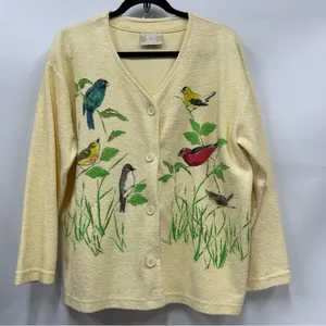 Vintage AU Women's yellow terry cloth cardigan Sweater Bird Art Applique Print thumbnail 1
