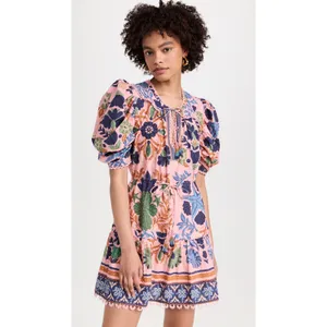 Farm Rio Mini Dress Pink Embroidered Sea Creatures Puff Sleeve thumbnail 2