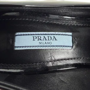Prada Patent Square Front Enamel Logo Loafer Pump Black Size 37.5 thumbnail 11