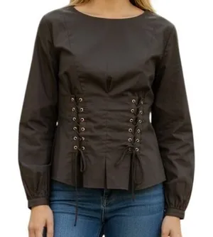 GUEST EDITOR Jet Black Corset‎ Style Long Sleeve Blouse EUC Size Small thumbnail 1