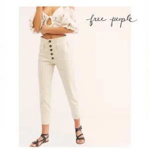 Free People Montella Cream & Brown Pinstripe High Rise Paperbag Jeans 12 thumbnail 2