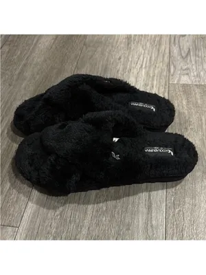  Black Plush Crisscross Slide Slippers thumbnail 4