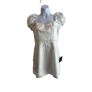 Lulus Adorable Poise Dress Women L White‎ Pearl Trim Puff Sleeve Mini BJD419 thumbnail 2