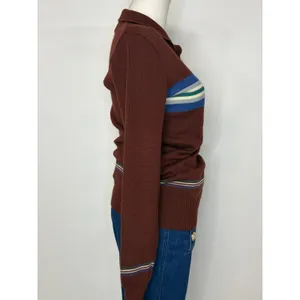 Vintage Falcon Court Burgundy Striped Knit Polo Sweater Brown Blue Green M thumbnail 3