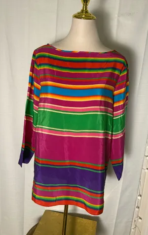 Lauren Ralph Lauren XL Rainbow Stripe 100% Silk Blouse Colorful Tunic Top thumbnail 1
