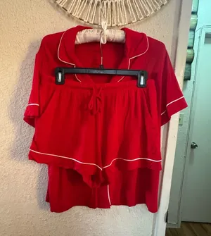 Auden Red Short Sleeve Pajama Top with White Piping Accent thumbnail 1