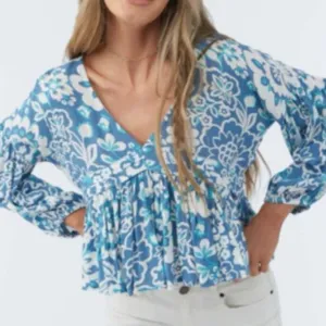 O'Neill Mary Christina Floral Cropped Boho Beach Top Blue Top size L thumbnail 3