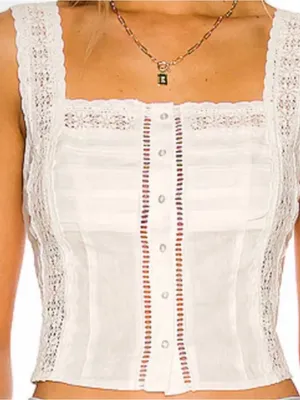 Free People White Lace-Trim Button Front Camisole thumbnail 1