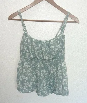 E&M Juniors Green Floral Babydoll Smocked Back Adjustable Strap Tank Top thumbnail 1