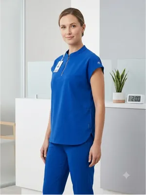 Healing Hands 360 Sandy Scrub Top Royal Blue Zip Stand Collar Stretch Womens M thumbnail 2
