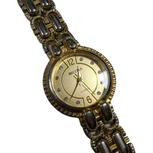 Vtg 1990s Becora Two Tone Gold Silver Bracelet Link Rhinestone Dial Dress Watch thumbnail 2