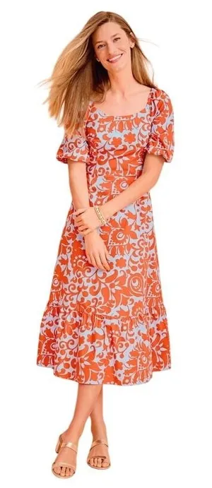 Talbots Size‎ 10 Midi Dress Puff Sleeve Poplin Floral Orange Blue Fit Flare 1526 thumbnail 1