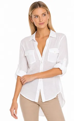 a.n.a White Button Down High Low Roll Tab Sleeve Utility Blouse Shirt Small thumbnail 1