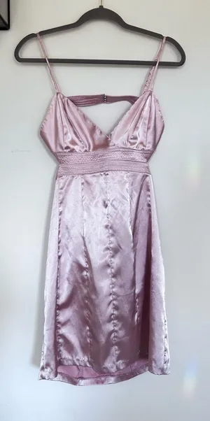 Pink Satin V Neck Strappy Mini Dress Size Large thumbnail 1