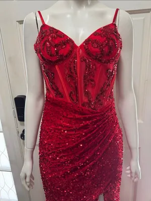 Unbranded Off shoulder Beaded Corset Slit Red Sequin Ruched Evening Gown Sz 6 A thumbnail 3