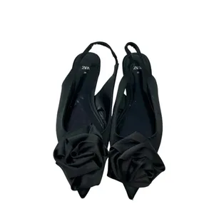 Zara Straple Flat‎ Shoes with Flowers Black Satin Rosette Size 36 US 5 thumbnail 2