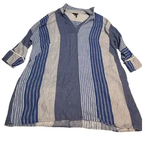 NIC+ZOE Linen Blend Striped Tunic Top Mini Dress Large Blue White Pom Trim thumbnail 1