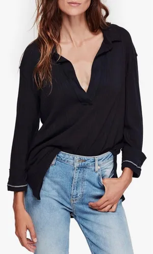 Free People Annie Long Sleeve Black Ribbed V-Neck Henley Top‎ Womens Large thumbnail 1