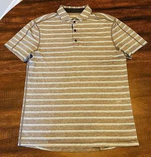 Lululemon Men’s Performance Gray/Blue Striped Polo-Medium thumbnail 1