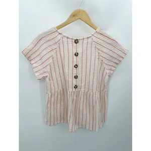 Maurices Women Medium White Red Yellow Striped Cotton Peplum Button‎ Back Top thumbnail 2
