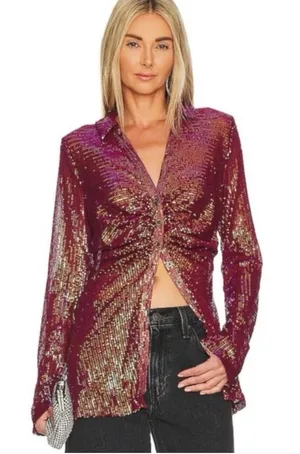 Free‎ People Magenta Sequin Long Sleeve Button Down Shirtee Top Size Small thumbnail 1