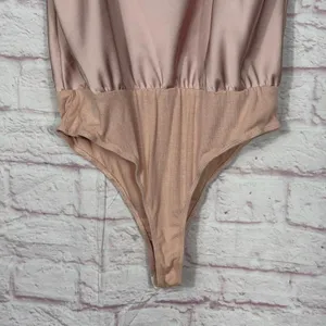 Light Pink Satin and Jersey Bodysuit with Cowl Neck and Adjustable Straps Med thumbnail 6