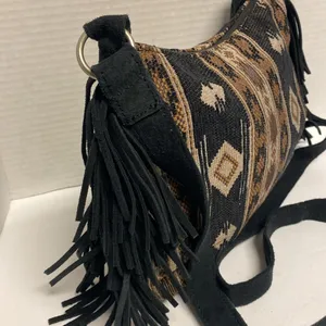 Baja Western Jacquard Boho chic Suede Fringe Crossbody Bag thumbnail 3