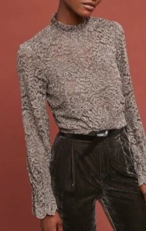Anthropologie Eri + Ali Women Top Sz M NWT Taupe Brown Velvet Floral Delano Lace thumbnail 1