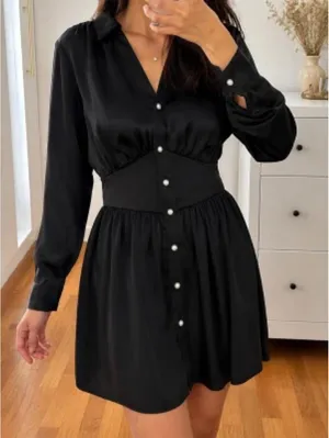 Zara black satin rhinestone-button mini shirt dress thumbnail 1