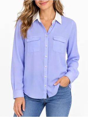 LOFT Lavender White Contrast Collar Utility Blouse Button Down Shirt XS thumbnail 1