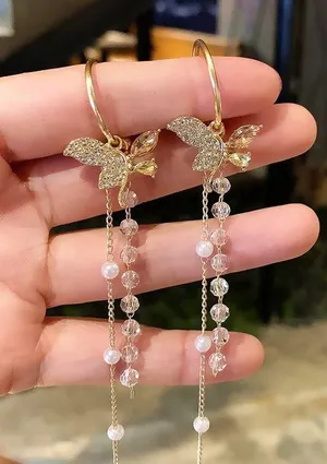 Gold Butterfly Crystal Pearl Long Tassel Dangle Drop Earrings for Women thumbnail 5
