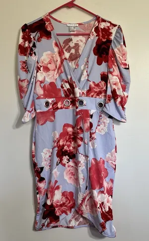 Venus Light Blue Floral Short Puff Sleeve‎ Grommet Cutout Faux Wrap Dress Size M thumbnail 1