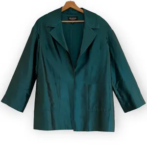 ST. JOHN COUTURE Sharkskin Silk Wool Blend Teal Open Front Jacket Blazer Size 8 thumbnail 7